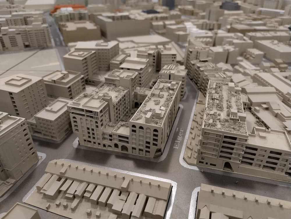 Photograph of small scale model of block of flats